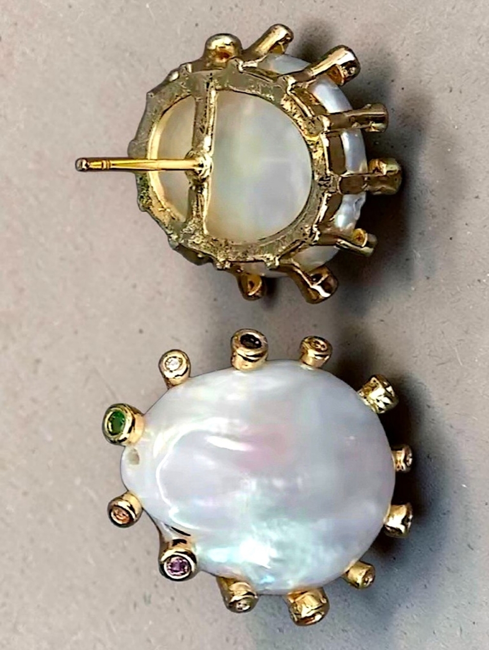 14X18 MM Baroque Pearl Stud Earrings with Multicolor Gem Accents - Picture 3 of 4